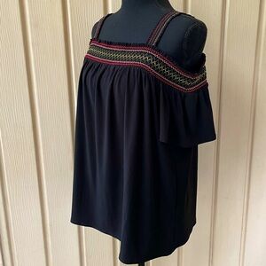 White House Black Market • Embroidered Black Tank-top Blouse Short Sleeve Top